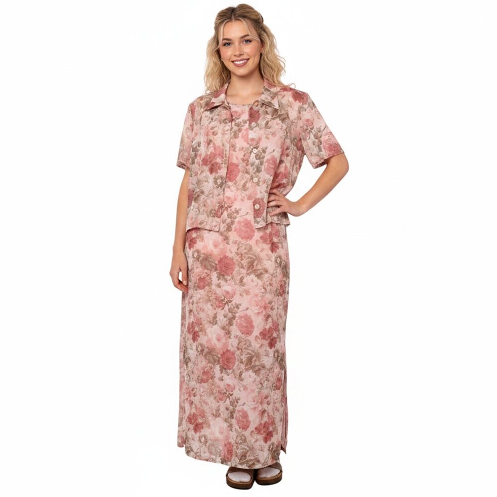 Vintage 90s Alago Floral Pink Maxi Dress & Matching Shirt Set 2 Piece Co-ord Set